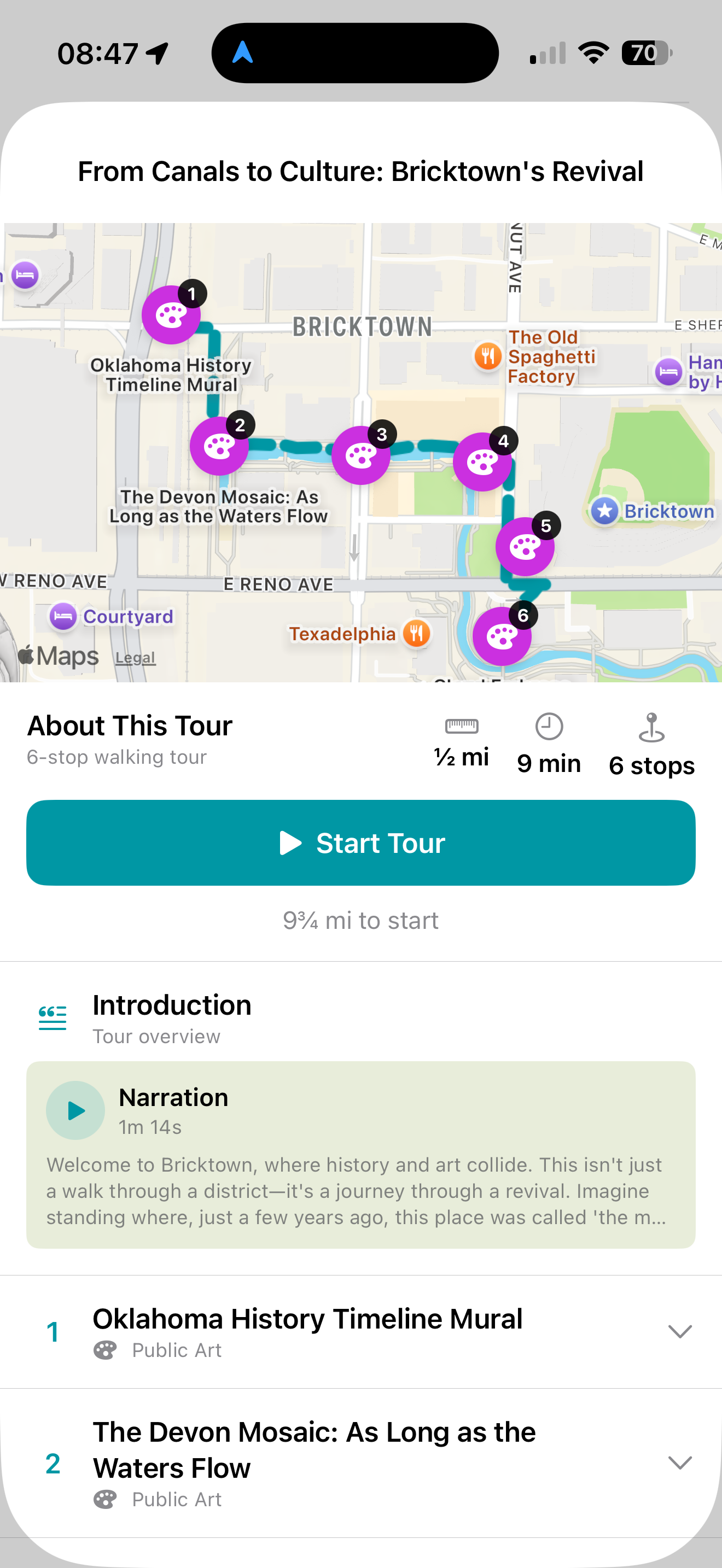 TopoLex tour detail screen with map and route for From Canals to Culture art walk