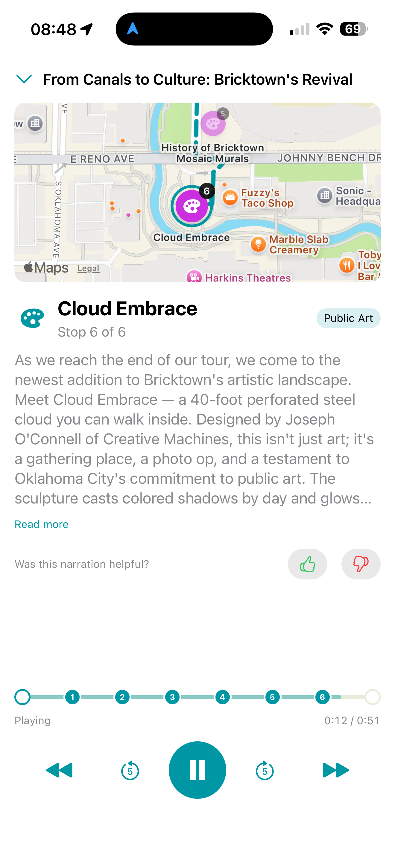 TopoLex playback screen showing Cloud Embrace narration with map and audio controls